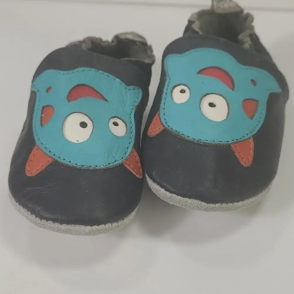 TOMMY Tickle Blue Silly Ghost Leather Crib Shoes Soft Sole Moccasins Sz. M 6-12